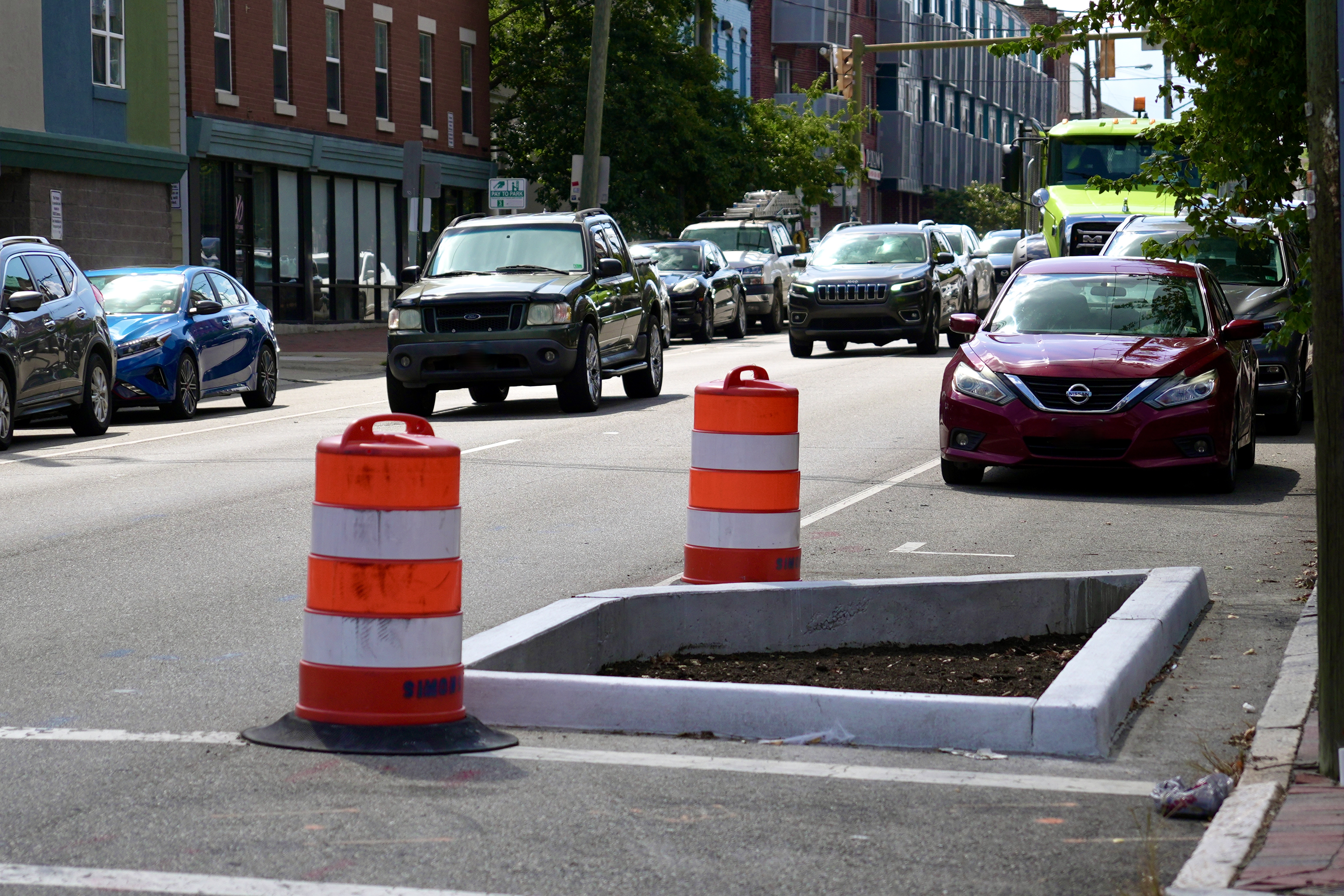 A “curb extension” at the intersection of W. Cary Street and S. Pine Street, as part of a city of Richmond pedestrian infrastructure improvement campaign