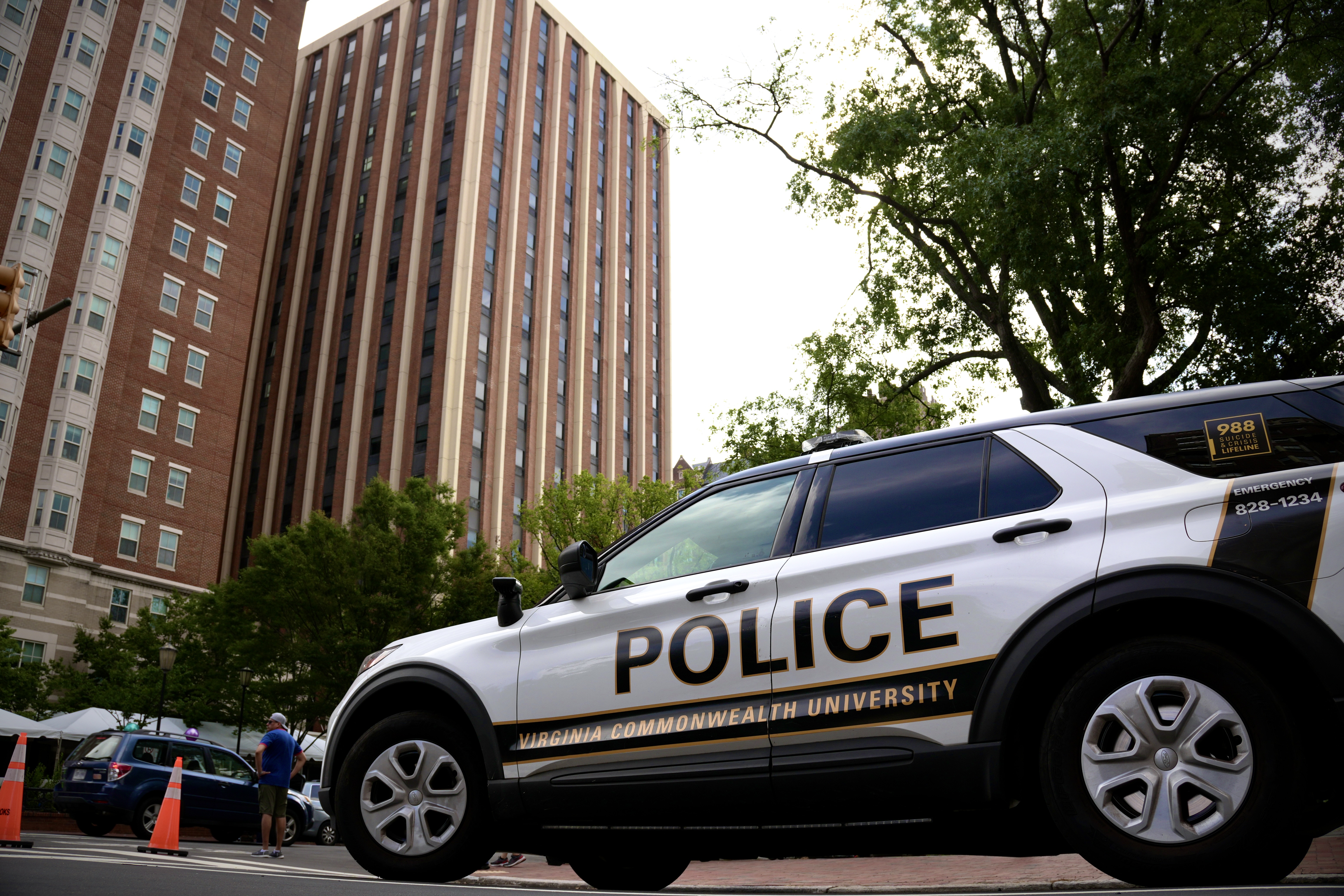 A VCU Police vehicle parked near Monroe Park, an area of high pedestrian traffic throughout the year.