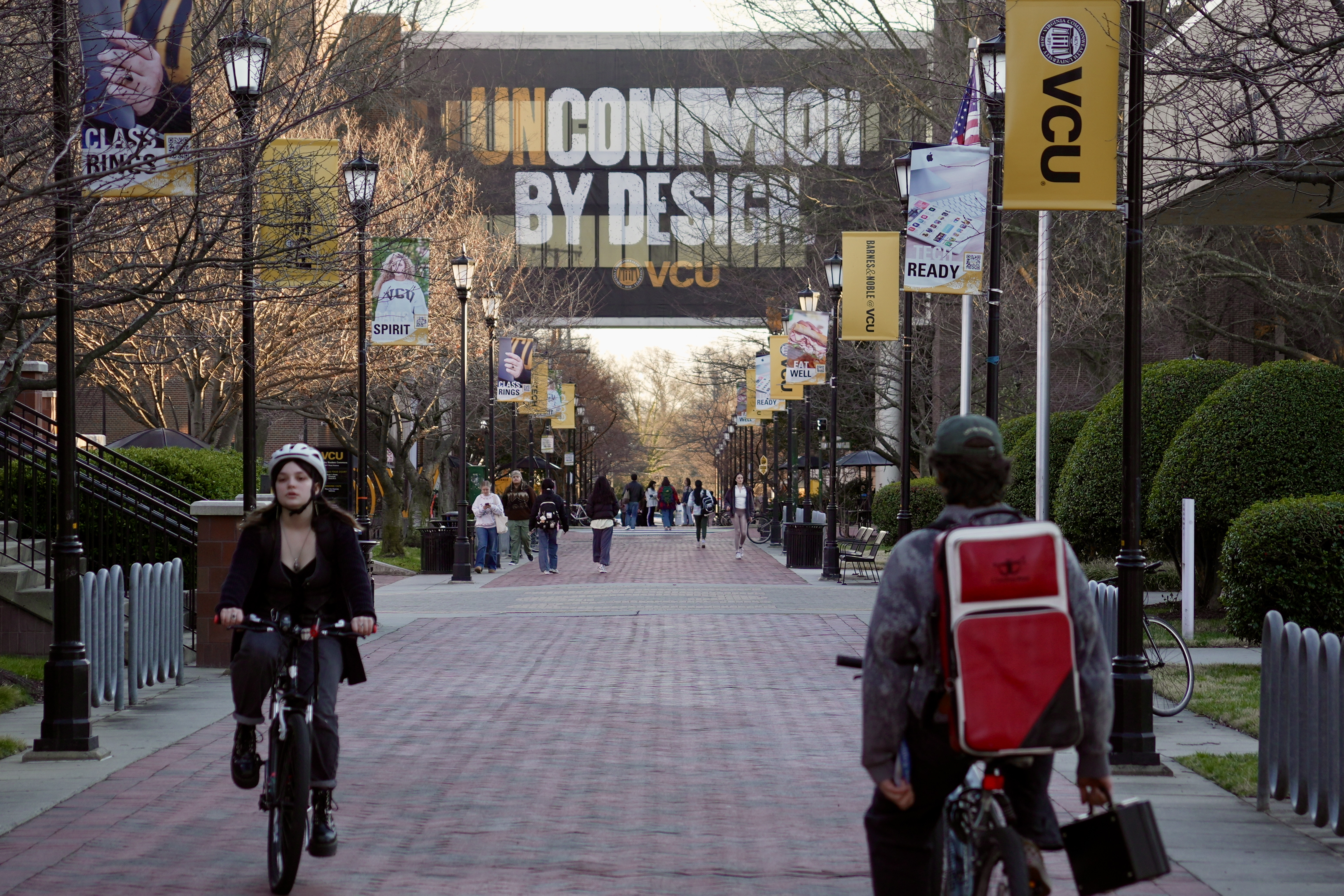 An image of students walking along VCU's RamsWay on the Monroe Park campus.