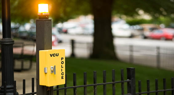 Picture of a VCU Emergency Reporting Telephone System (ERTS) phone with its light on. VCU Police.
