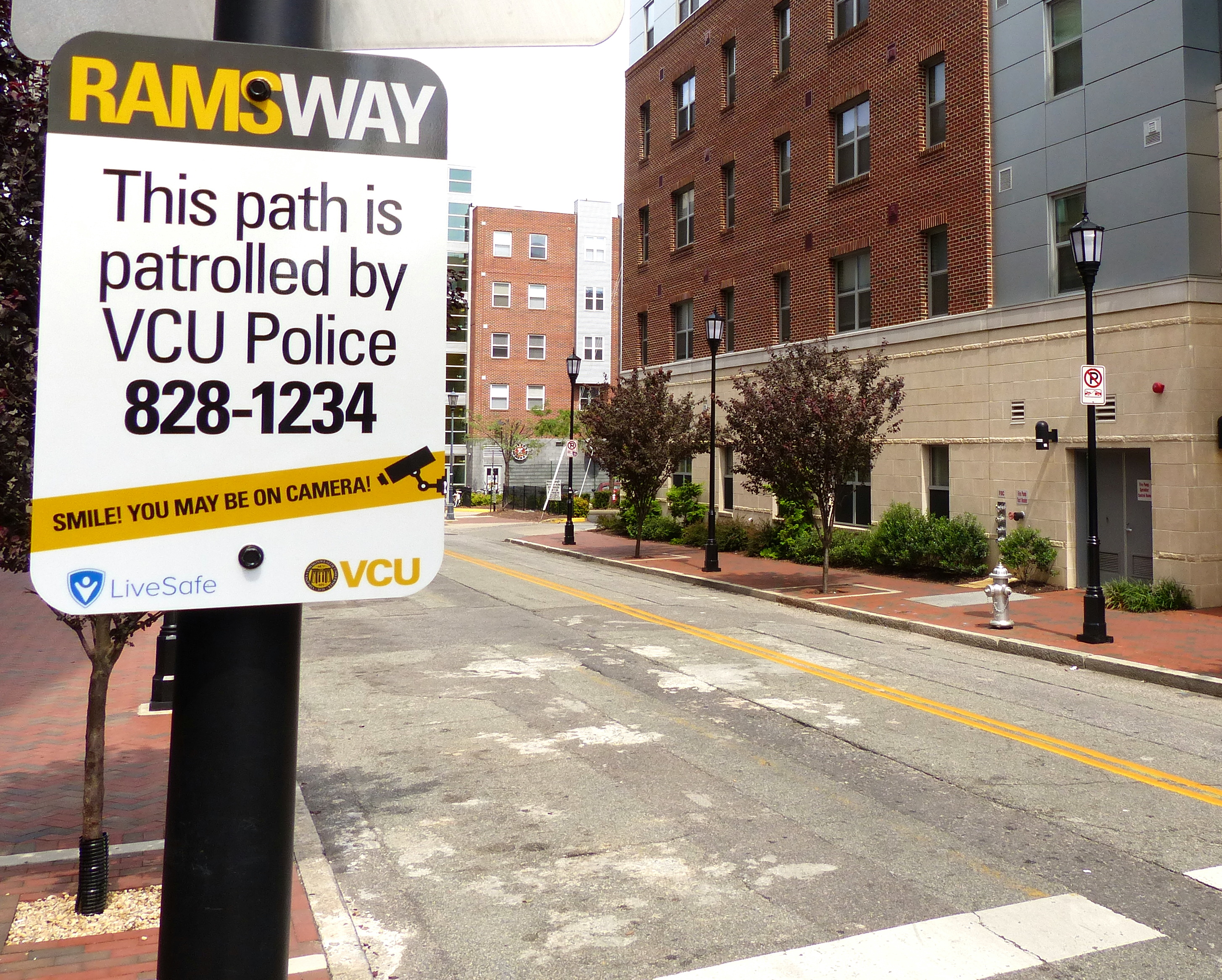 A RamsWay sign is posted near the intersection of Shafer and Franklin Streets on VCU’s Monroe Campus stating 